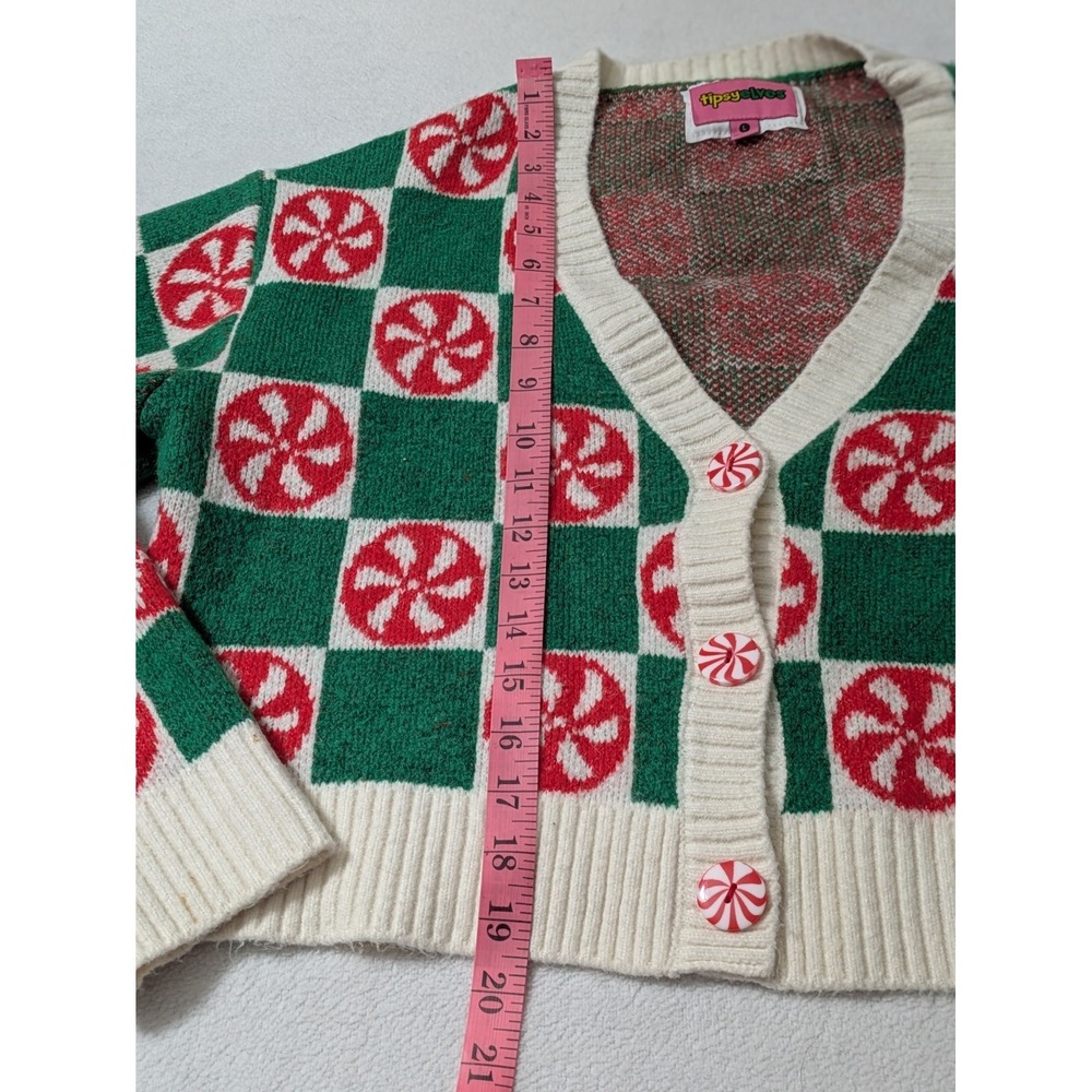 TipsyElves Peppermint Cropped Cardigan Sweater Large Buttons Ugly Christmas - Picture 6 of 8